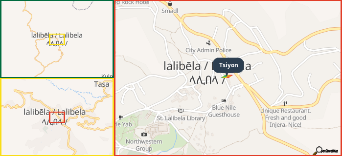 Map showing the address of Tsiyon in three different zoom levels.