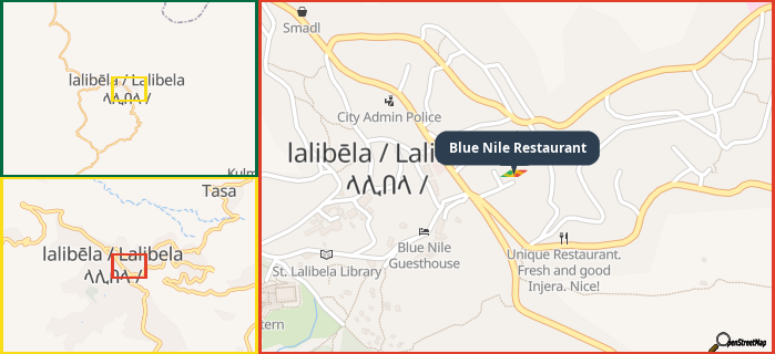 Map showing the address of Blue Nile Restaurant in three different zoom levels.