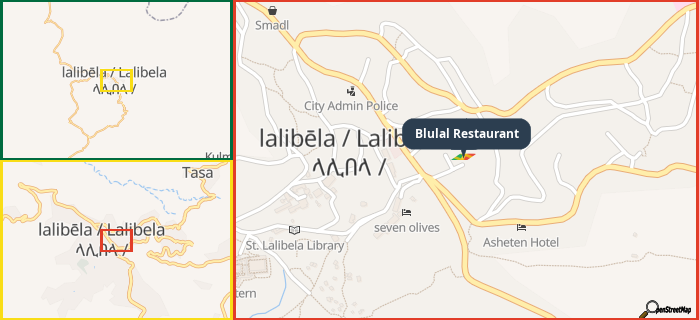 Map showing the address of Blulal Restaurant in three different zoom levels.