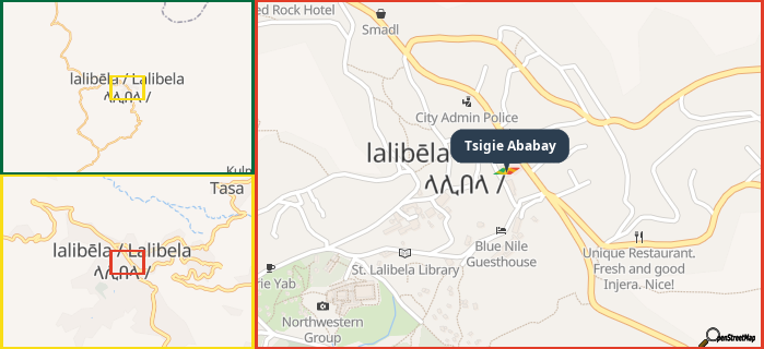 Map showing the address of Tsigie Ababay in three different zoom levels.