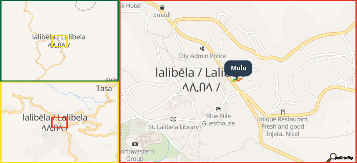 Map showing the address of Mulu in three different zoom levels.