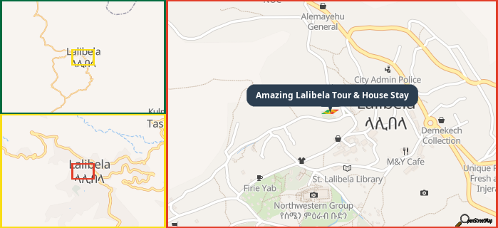 Map showing the address of Amazing Lalibela Tour & House Stay in three different zoom levels.