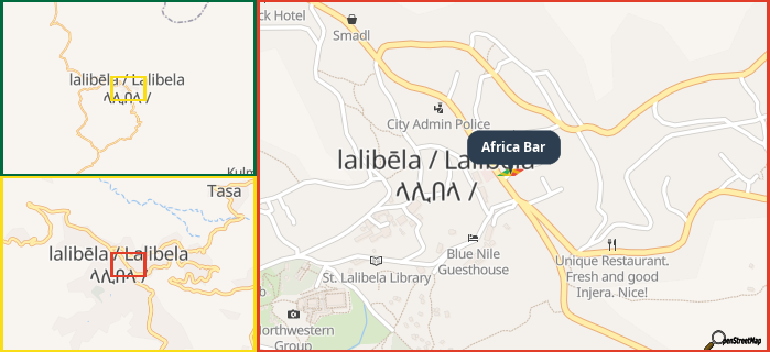 Map showing the address of Africa Bar in three different zoom levels.