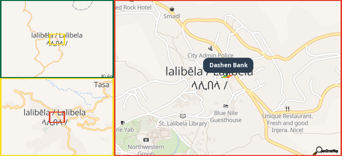 Map showing the address of Dashen Bank in three different zoom levels.