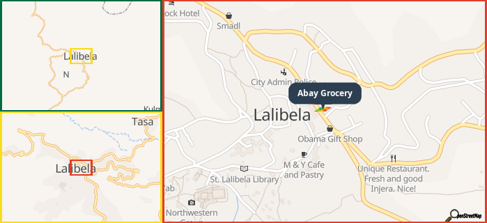 Map showing the address of Abay Grocery in three different zoom levels.