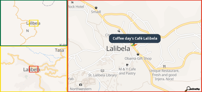 Map showing the address of Coffee day's Café Lalibela in three different zoom levels.