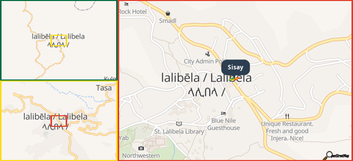 Map showing the address of Sisay in three different zoom levels.