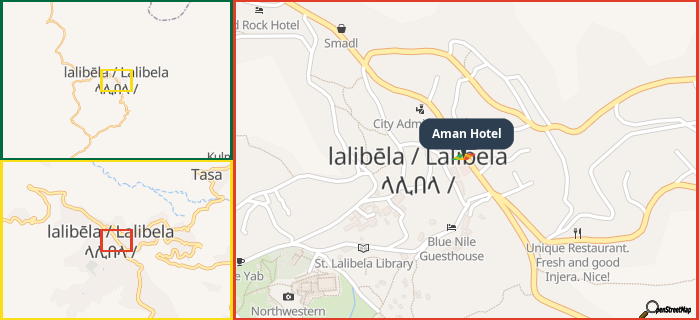 Map showing the address of Aman Hotel in three different zoom levels.