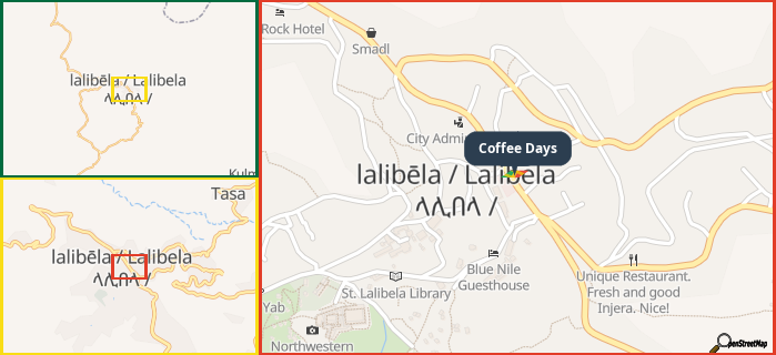 Map showing the address of Coffee Days in three different zoom levels.