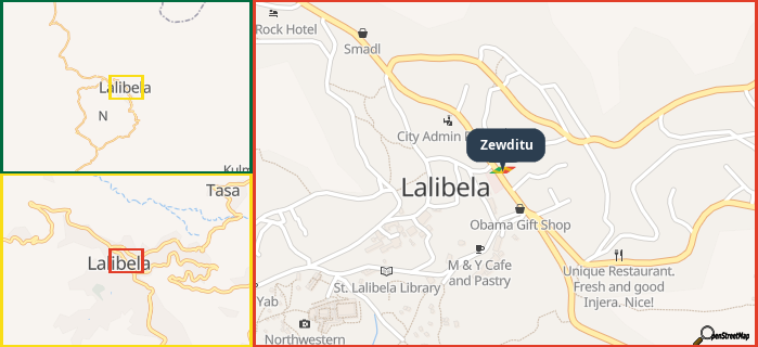 Map showing the address of Zewditu in three different zoom levels.