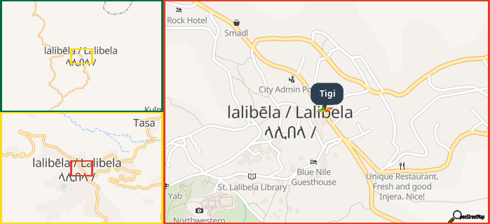 Map showing the address of Tigi in three different zoom levels.