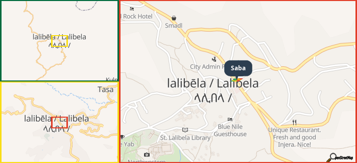 Map showing the address of Saba in three different zoom levels.