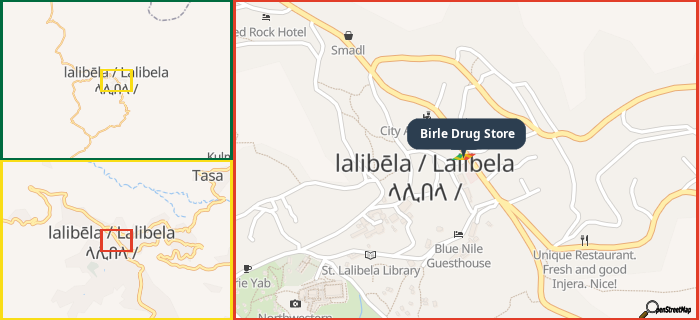 Map showing the address of Birle Drug Store in three different zoom levels.