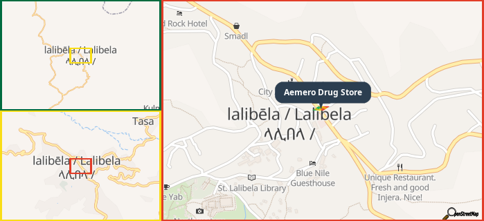 Map showing the address of Aemero Drug Store in three different zoom levels.
