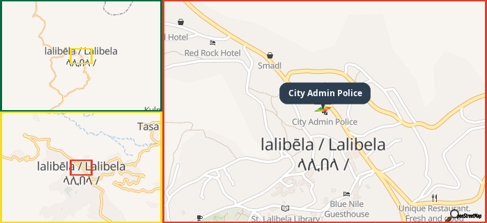 Map showing the address of City Admin Police in three different zoom levels.
