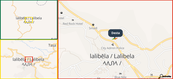Map showing the address of Desta in three different zoom levels.