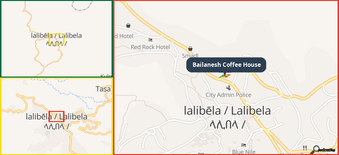 Map showing the address of Bailanesh Coffee House in three different zoom levels.