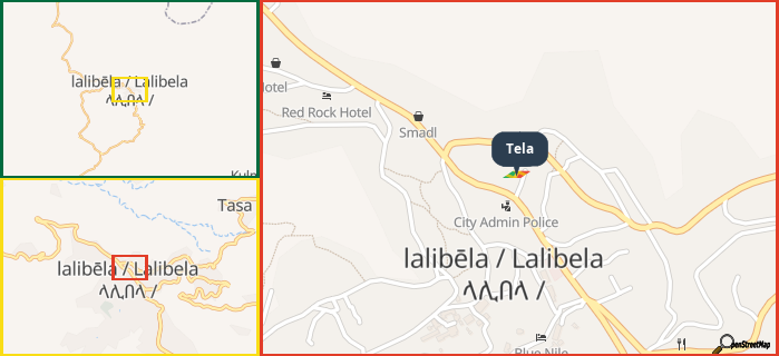 Map showing the address of Tela in three different zoom levels.