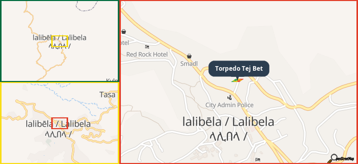 Map showing the address of Torpedo Tej Bet in three different zoom levels.