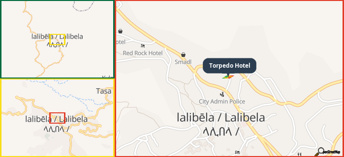Map showing the address of Torpedo Hotel in three different zoom levels.