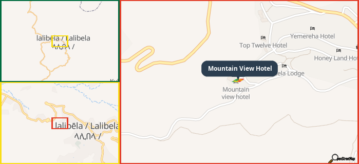 Map showing the address of Mountain View Hotel in three different zoom levels.