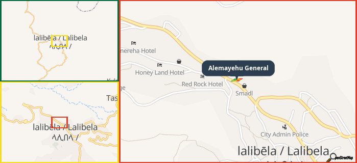 Map showing the address of Alemayehu General in three different zoom levels.