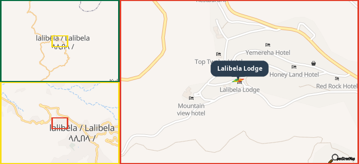 Map showing the address of Lalibela Lodge in three different zoom levels.