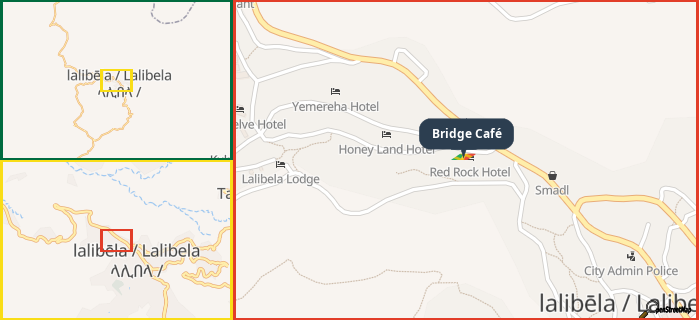 Map showing the address of Bridge Café in three different zoom levels.