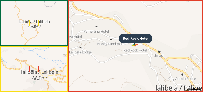 Map showing the address of Red Rock Hotel in three different zoom levels.