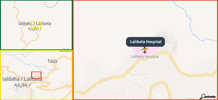 Map showing the address of Lalibela Hospital in three different zoom levels.