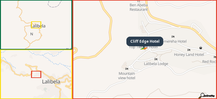 Map showing the address of Cliff Edge Hotel in three different zoom levels.