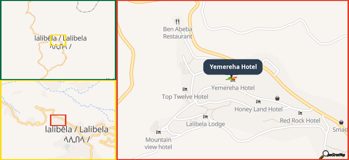 Map showing the address of Yemereha Hotel in three different zoom levels.