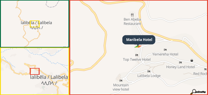 Map showing the address of Maribela Hotel in three different zoom levels.