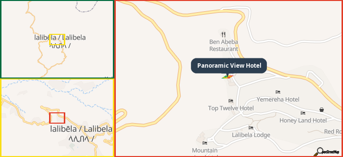 Map showing the address of Panoramic View Hotel in three different zoom levels.