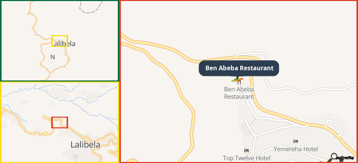 Map showing the address of Ben Abeba Restaurant in three different zoom levels.