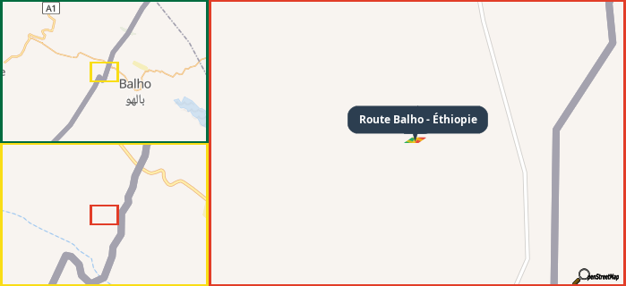 Map showing the address of Route Balho - Éthiopie in three different zoom levels.