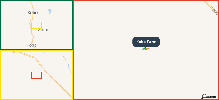 Map showing the address of Kobo-Farm in three different zoom levels.