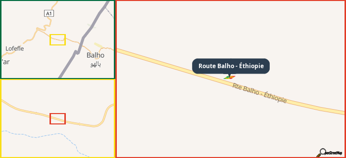 Map showing the address of Route Balho - Éthiopie in three different zoom levels.