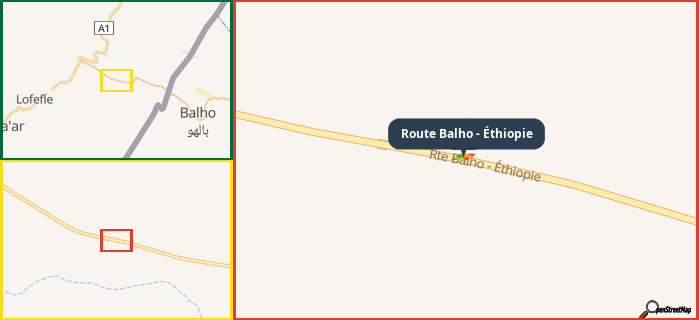 Map showing the address of Route Balho - Éthiopie in three different zoom levels.