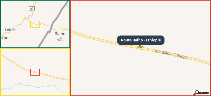 Map showing the address of Route Balho - Éthiopie in three different zoom levels.