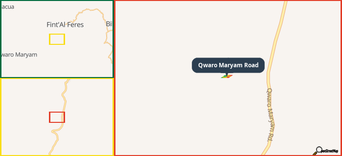Map showing the address of Qwaro Maryam Road in three different zoom levels.
