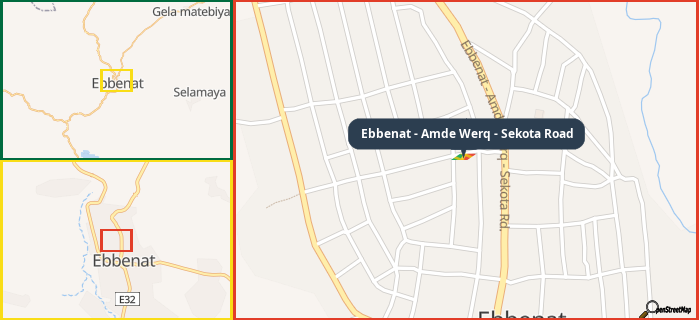 Map showing the address of Ebbenat - Amde Werq - Sekota Road in three different zoom levels.