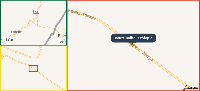 Map showing the address of Route Balho - Éthiopie in three different zoom levels.
