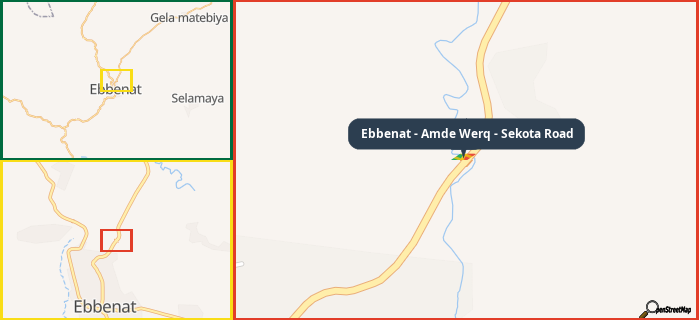 Map showing the address of Ebbenat - Amde Werq - Sekota Road in three different zoom levels.