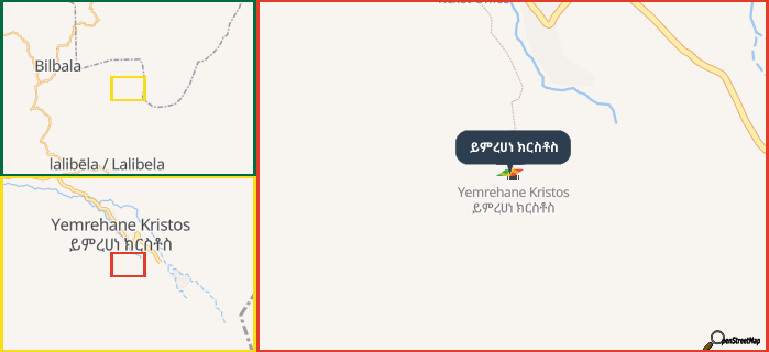 Map showing the address of ይምረሀነ ክርስቶስ in three different zoom levels.