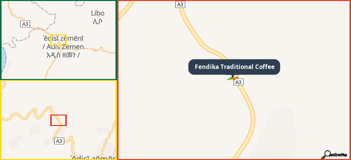 Map showing the address of Fendika Traditional Coffee in three different zoom levels.