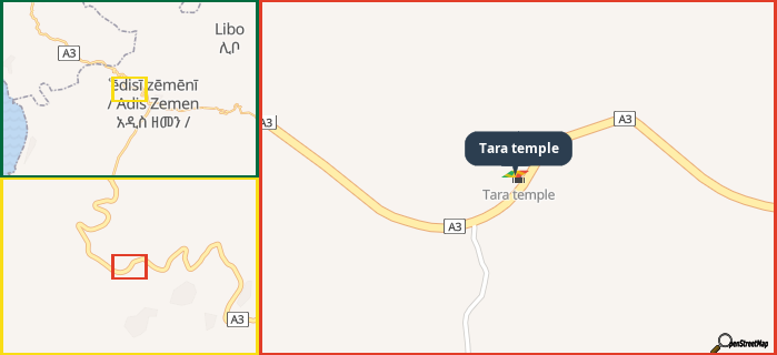 Map showing the address of Tara temple in three different zoom levels.