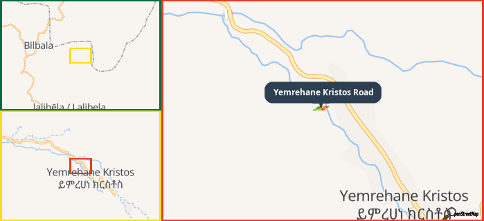 Map showing the address of Yemrehane Kristos Road in three different zoom levels.