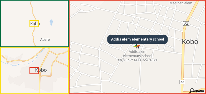 Map showing the address of Addis alem elementary school in three different zoom levels.