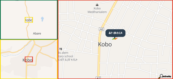 Map showing the address of ቆቦ መሰናዶ in three different zoom levels.